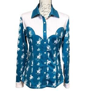Ranch Dress'n Performance Rodeo Shirt Women’s XS Teal Cream Snaps Cowgirl EUC